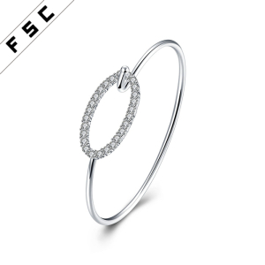 Silver Plated Copper Cubic Zirconia Oval Bangle Bracelet