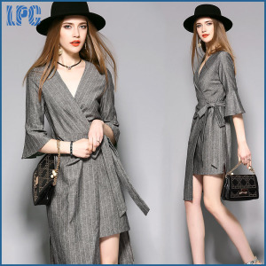 Grey Ployester Office Fashion Ladies Dress with Waist Belt